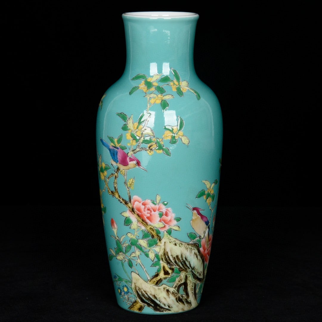 An Exquisite Turquoise Ground Famille-Rose Flower and Bird Pattern Vase,With Poem: An Exquisite Turquoise Ground Famille-Rose Flower and Bird Pattern Vase,With Poem,Qing Dynasty, China,Yongzheng Four-character Mark,Size:8.3inx4.1in 松石绿地粉彩
