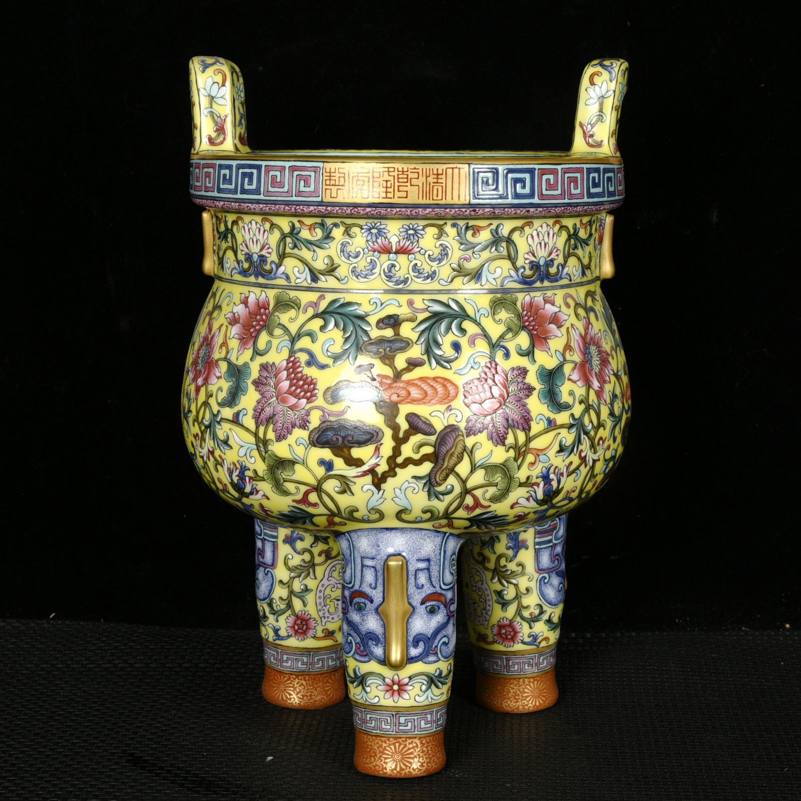 A Rare Yellow Ground Enamel Painted Gold Lotus and Ganoderma lucidum Pattern Double-Ears and Tripod: A Rare Yellow Ground Enamel Painted Gold Lotus and Ganoderma lucidum Pattern Double-Ears and Tripod Censer,Qing Dynasty, China,Qianlong Six-character Mark,Size:12.6inx7.9in 黄地珐