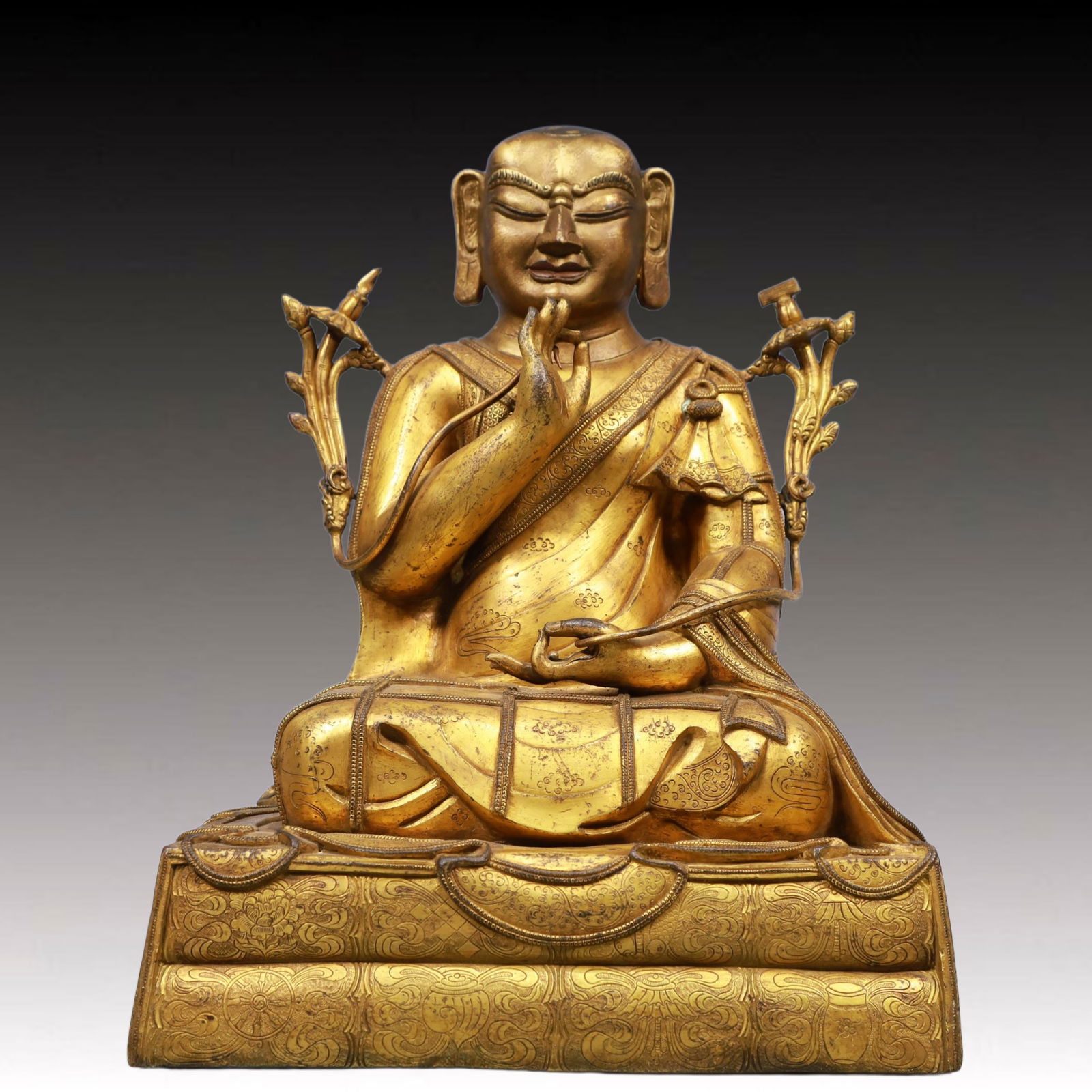 A Solemn Gilt Bronze Statue of Guru, With Inscription: A Solemn Gilt Bronze Statue of Guru, With Inscription, Ming Dynasty, China, Size:10.6inx8.7inx14.6in, Weight:15800g 铜鎏金上师像,带铭文,中&#