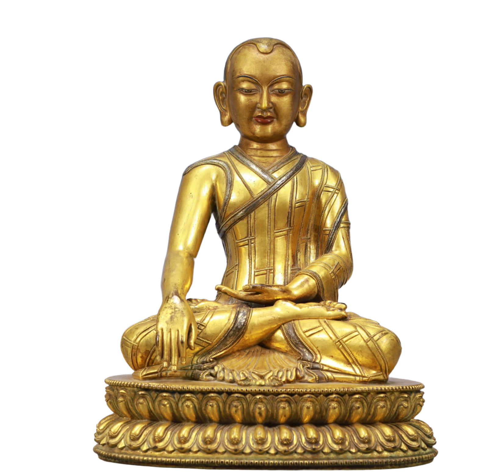 A Solemn Gilt Bronze Statue of Guru: A Solemn Gilt Bronze Statue of Guru,Ming Dynasty, China,Size:6.7inx7.5inx14in Weight:7350g 铜鎏金上师像,中国明代