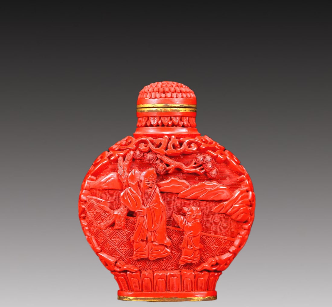 An Excellent Cinnabar-Lacquer 'Pine& Figure' Snuff Bottle (1 of 7)