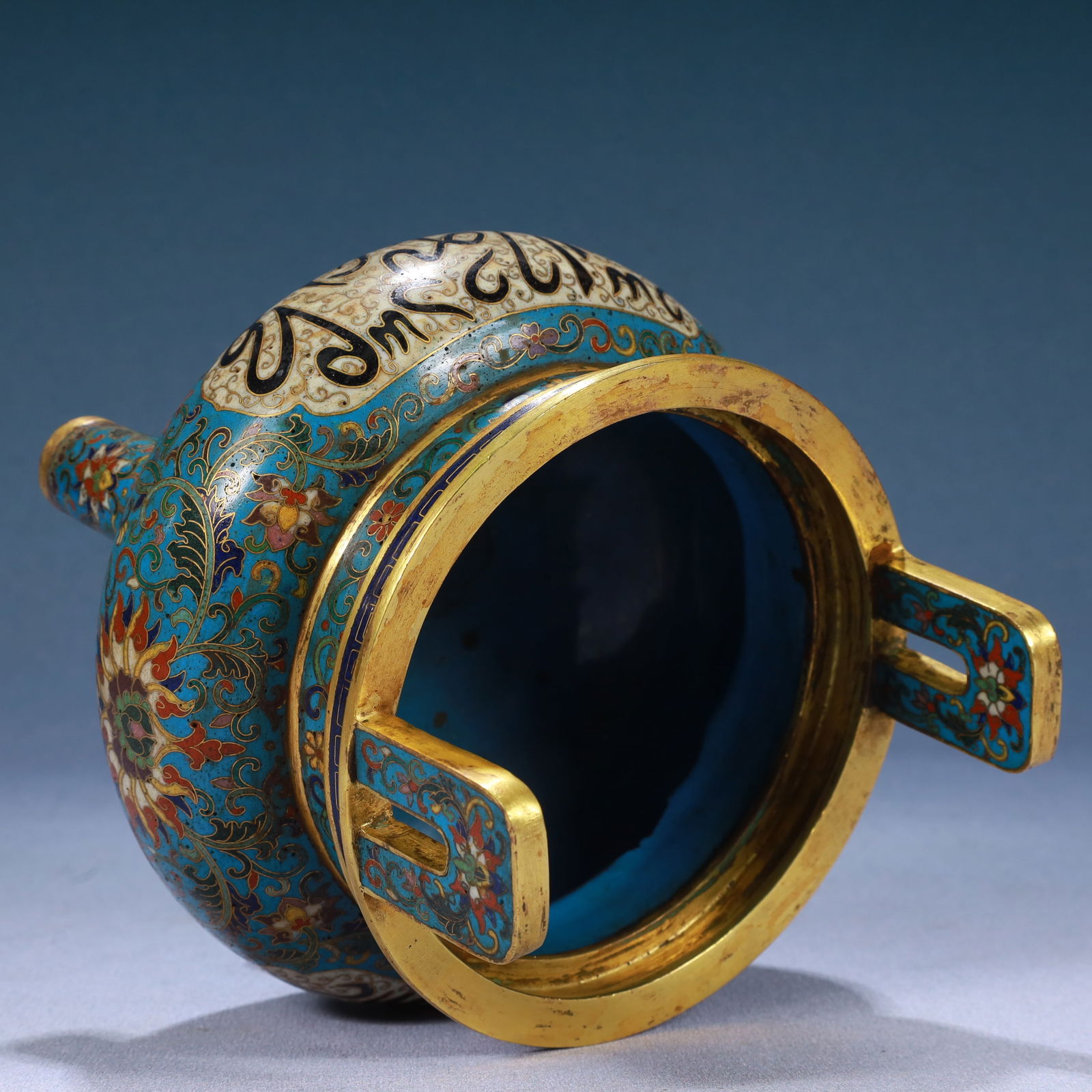 An Exquisite Cloisonne Lotus Pattern Double-Ears and Tripod Censer: An Exquisite Cloisonne Lotus Pattern Double-Ears and Tripod Censer,Qing Dynasty, China,Qianlong Four-character Mark,Size:6.2inx5.7in,Weight:1350g 
