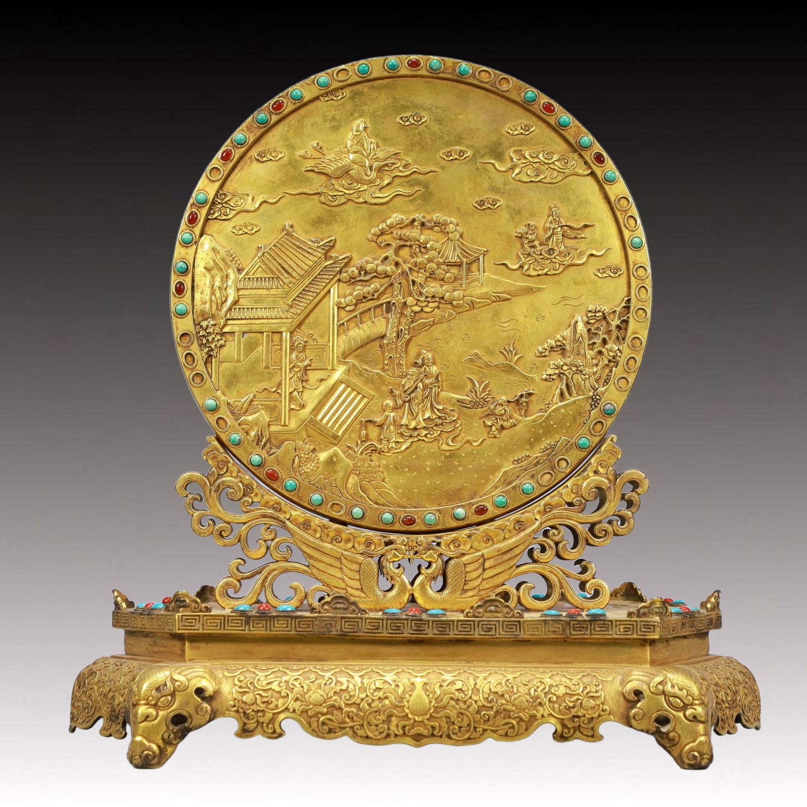 A Pair of Solemn Gilt Bronze Inlaid GemsLandscape and Figure Pattern Table Screens - 16