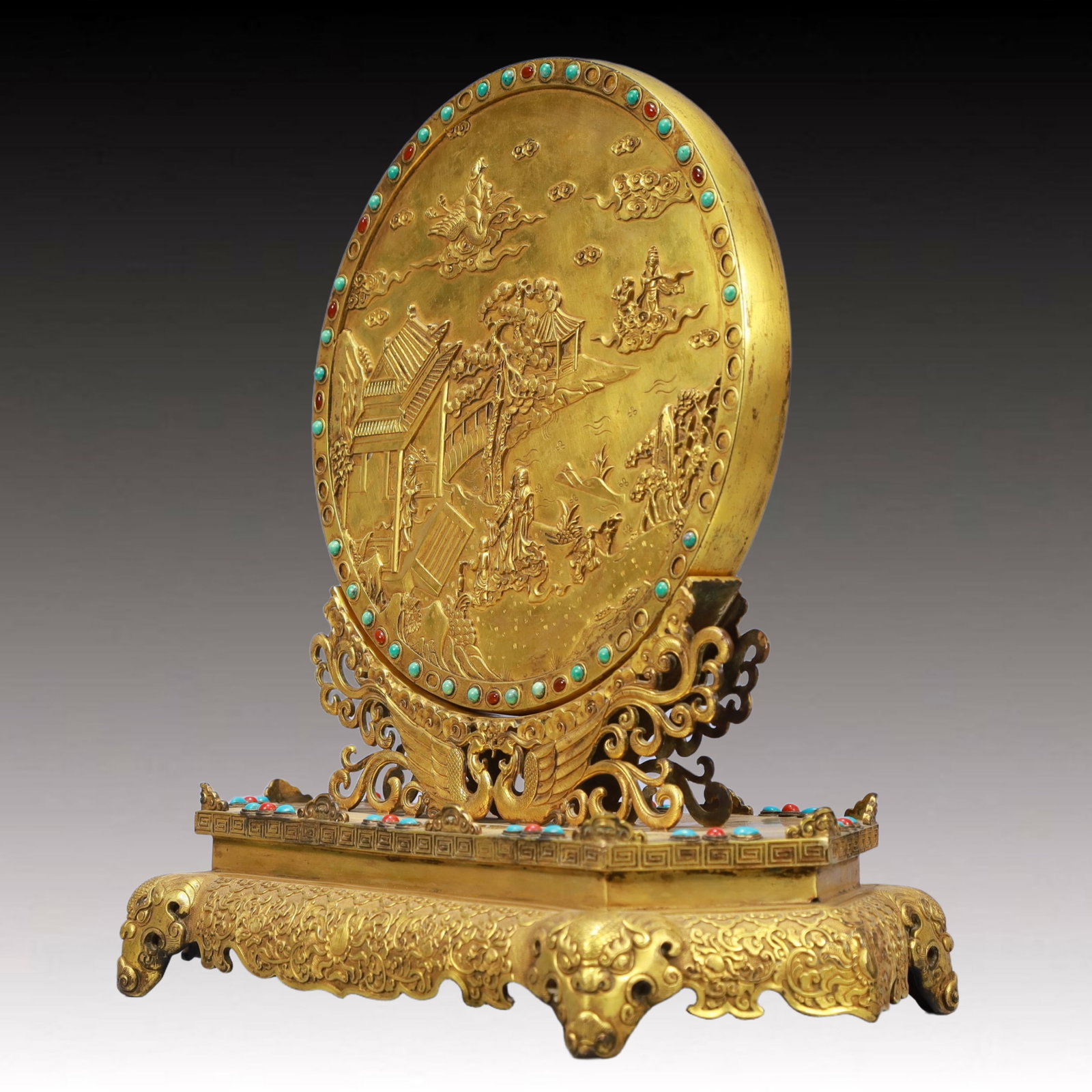 A Pair of Solemn Gilt Bronze Inlaid GemsLandscape and Figure Pattern Table Screens - 17