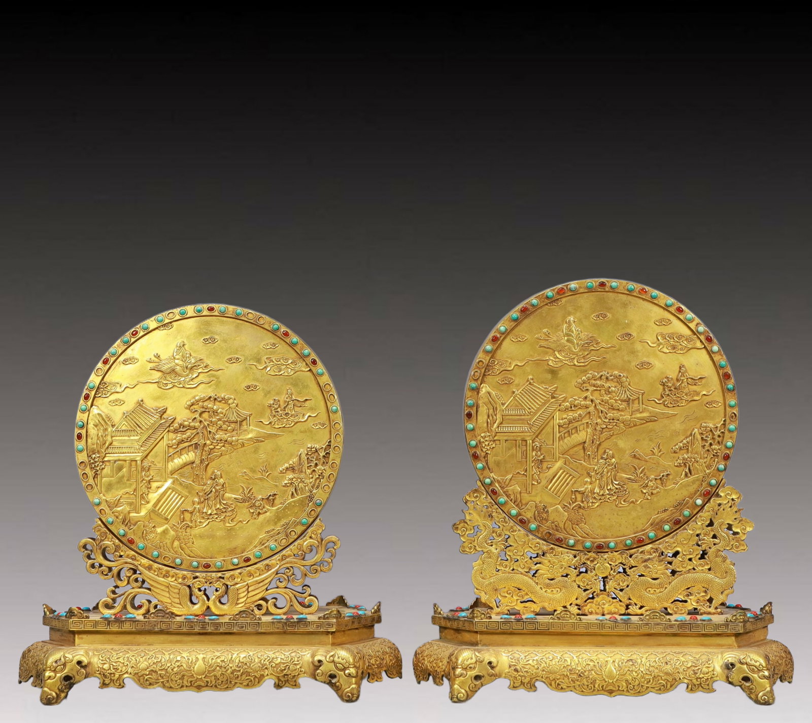A Pair of Solemn Gilt Bronze Inlaid GemsLandscape and Figure Pattern Table Screens: A Pair of Solemn Gilt Bronze Inlaid GemsLandscape and Figure Pattern Table Screens,Qing Dynasty, China,Qian long Four-character Mark,Size:12.2inx6.3inx13inWeigh:12750g 一对铜鎏