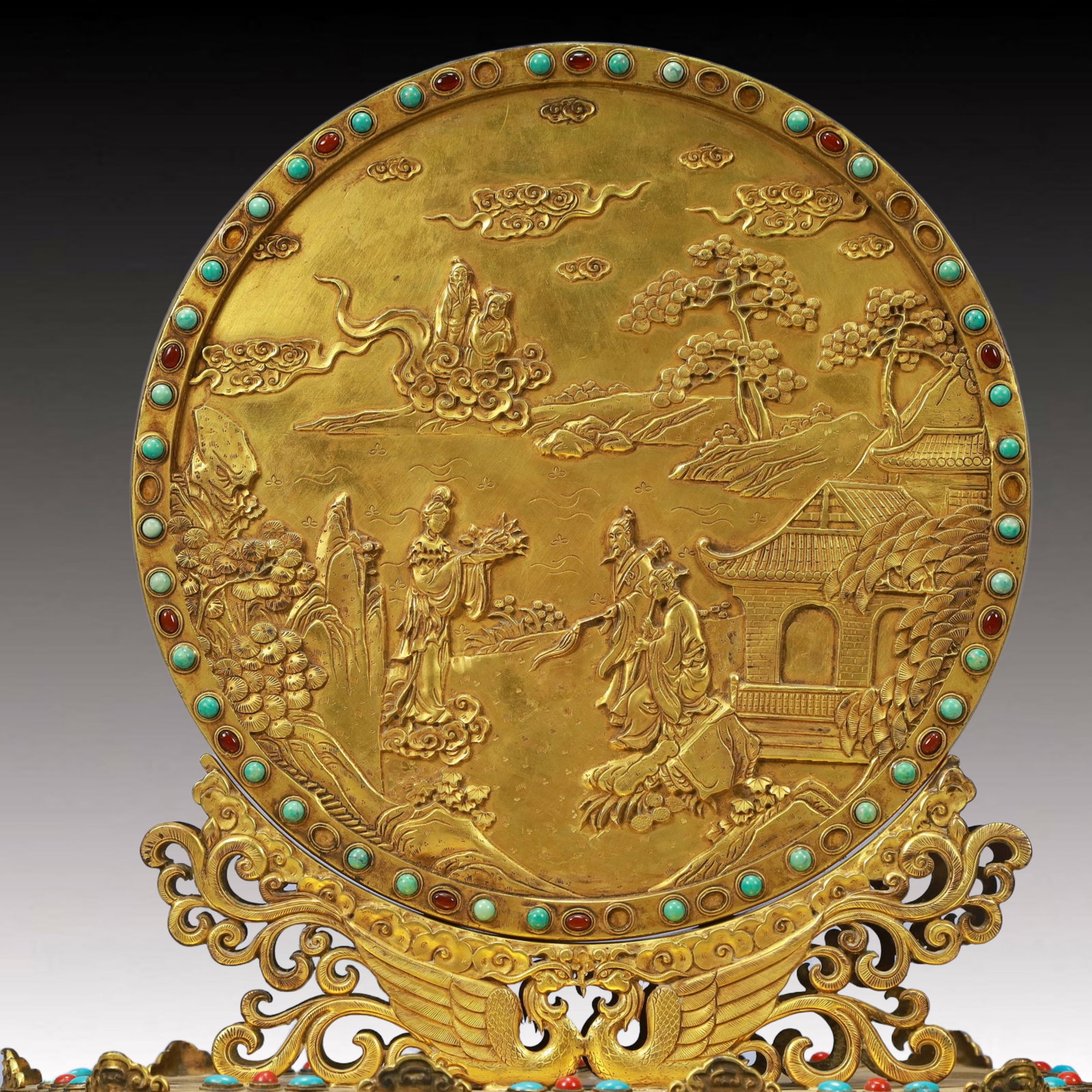 A Pair of Solemn Gilt Bronze Inlaid GemsLandscape and Figure Pattern Table Screens - 20