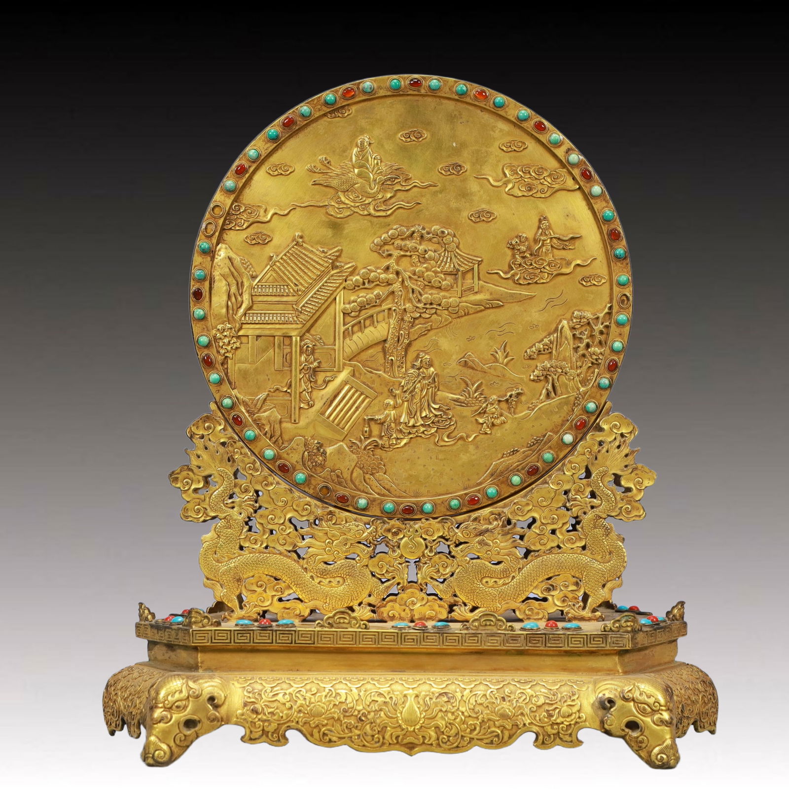 A Pair of Solemn Gilt Bronze Inlaid GemsLandscape and Figure Pattern Table Screens - 2
