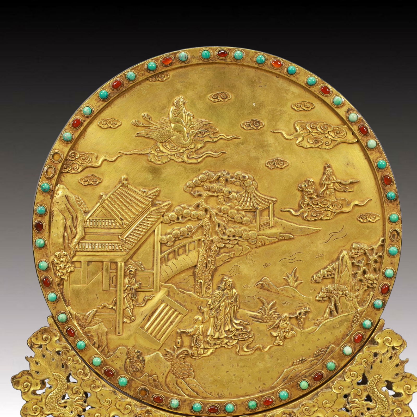 A Pair of Solemn Gilt Bronze Inlaid GemsLandscape and Figure Pattern Table Screens - 3