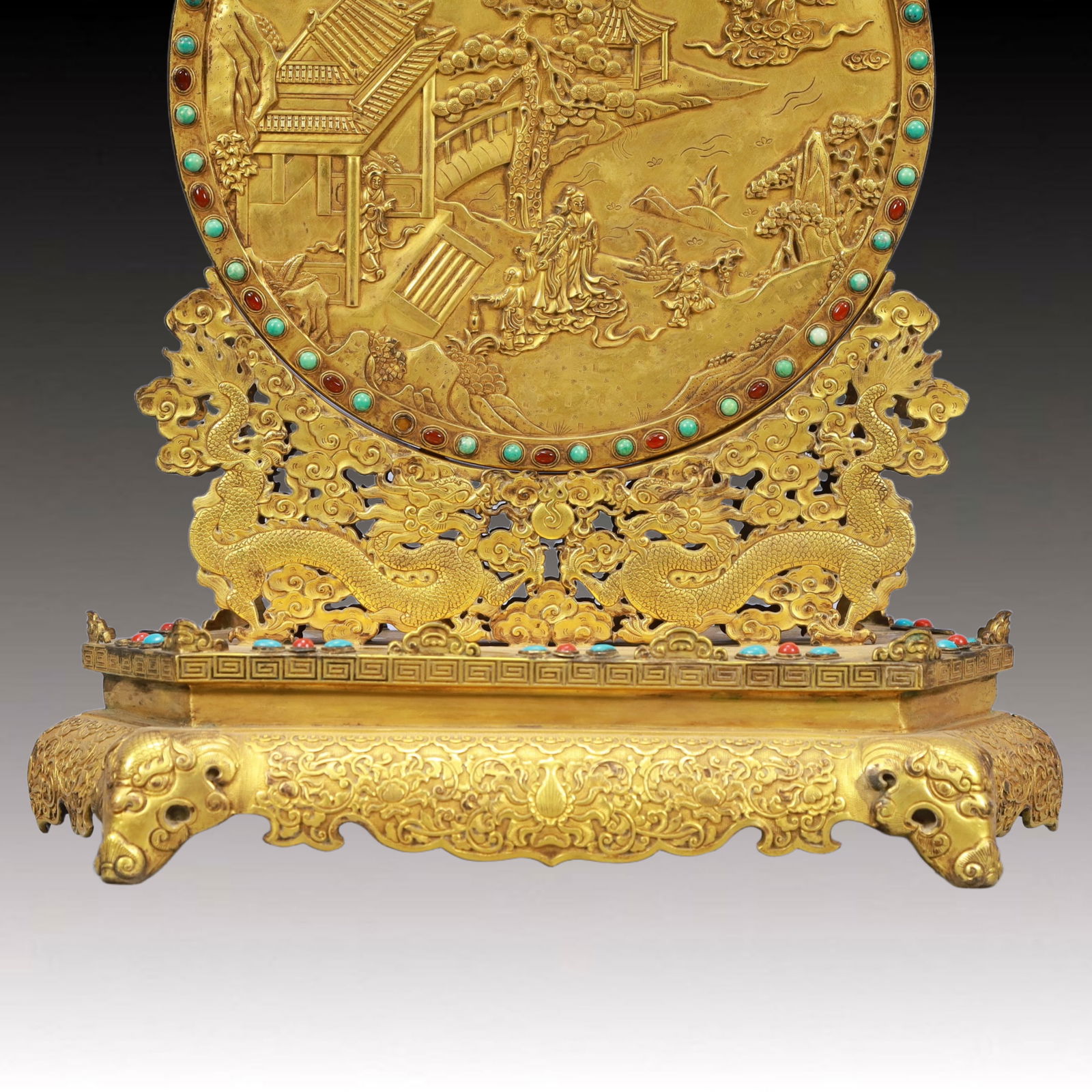 A Pair of Solemn Gilt Bronze Inlaid GemsLandscape and Figure Pattern Table Screens - 4