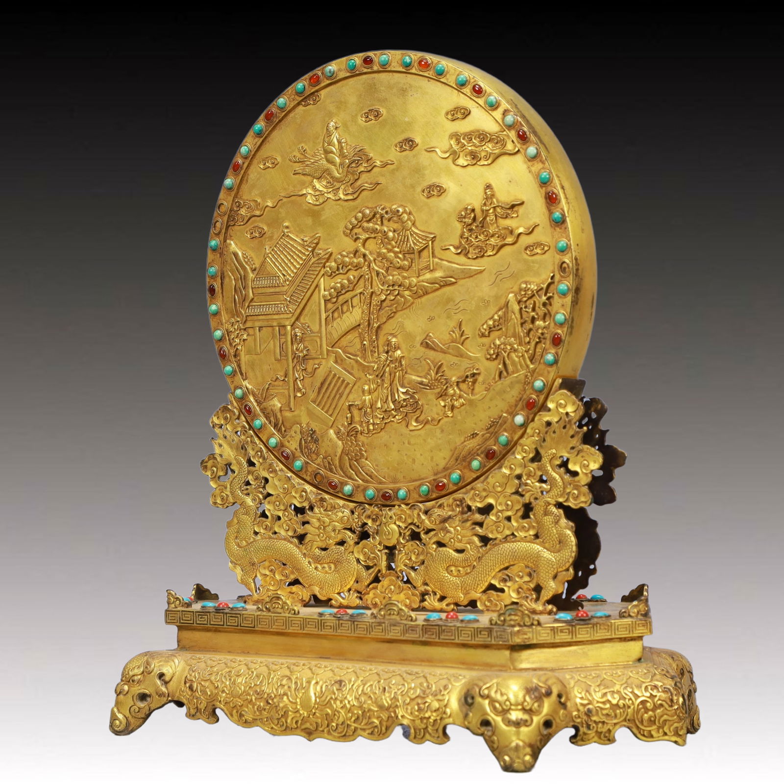 A Pair of Solemn Gilt Bronze Inlaid GemsLandscape and Figure Pattern Table Screens - 5