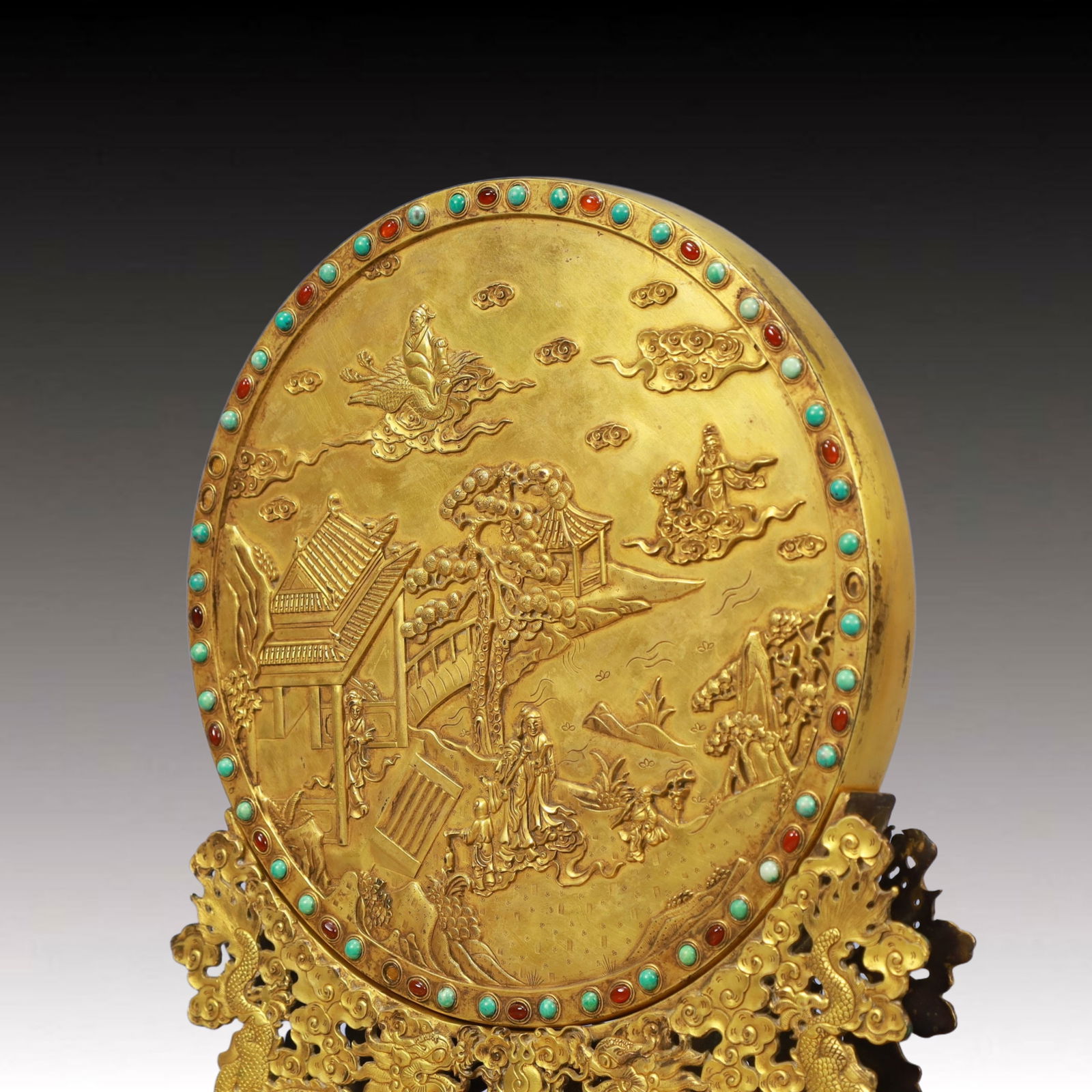 A Pair of Solemn Gilt Bronze Inlaid GemsLandscape and Figure Pattern Table Screens - 6