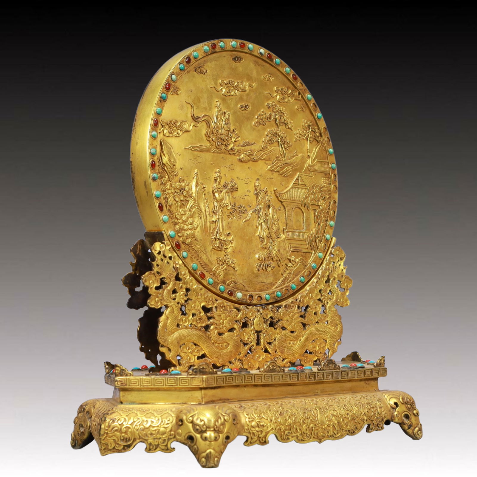 A Pair of Solemn Gilt Bronze Inlaid GemsLandscape and Figure Pattern Table Screens - 7