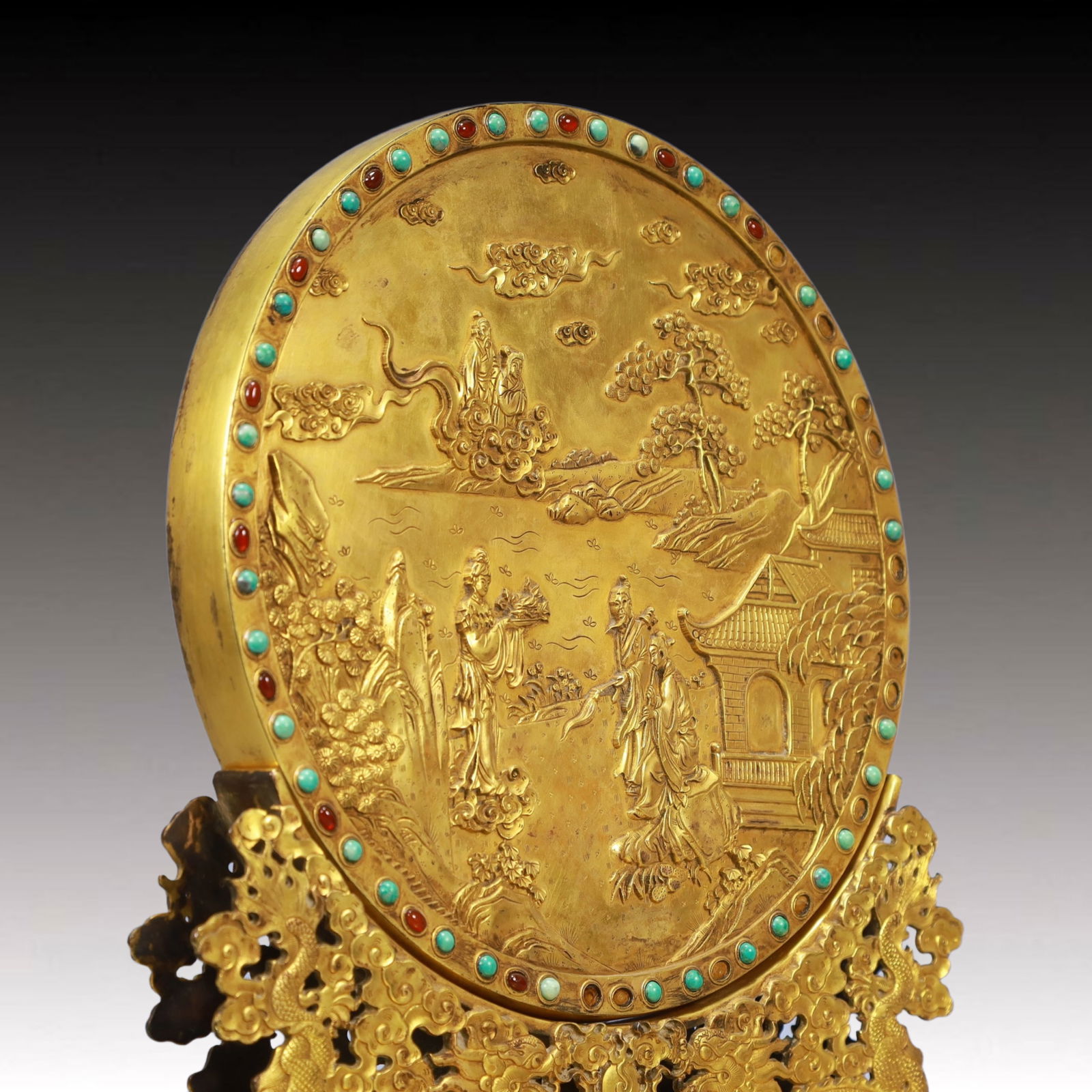 A Pair of Solemn Gilt Bronze Inlaid GemsLandscape and Figure Pattern Table Screens - 8