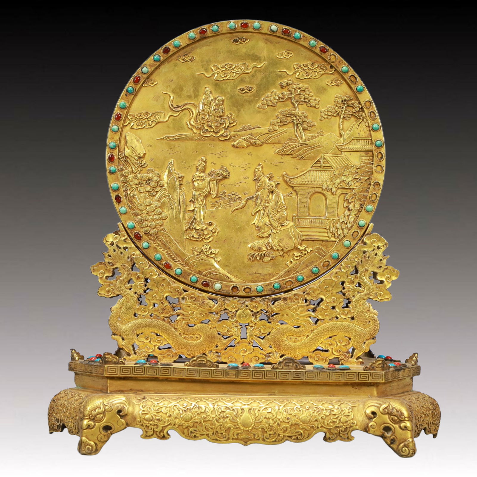 A Pair of Solemn Gilt Bronze Inlaid GemsLandscape and Figure Pattern Table Screens - 9