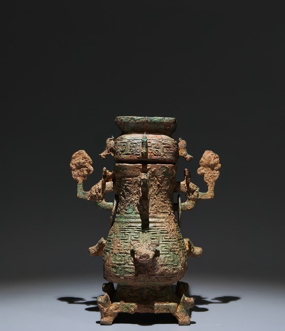 An Archaic Bronze Double-Ears Food Vessel: An Archaic Bronze Double-Ears Food Vessel,the Spring and Autumn in Period in China,Size:10.2inx7.9inx5.9in 青铜双耳食器,中国春秋时