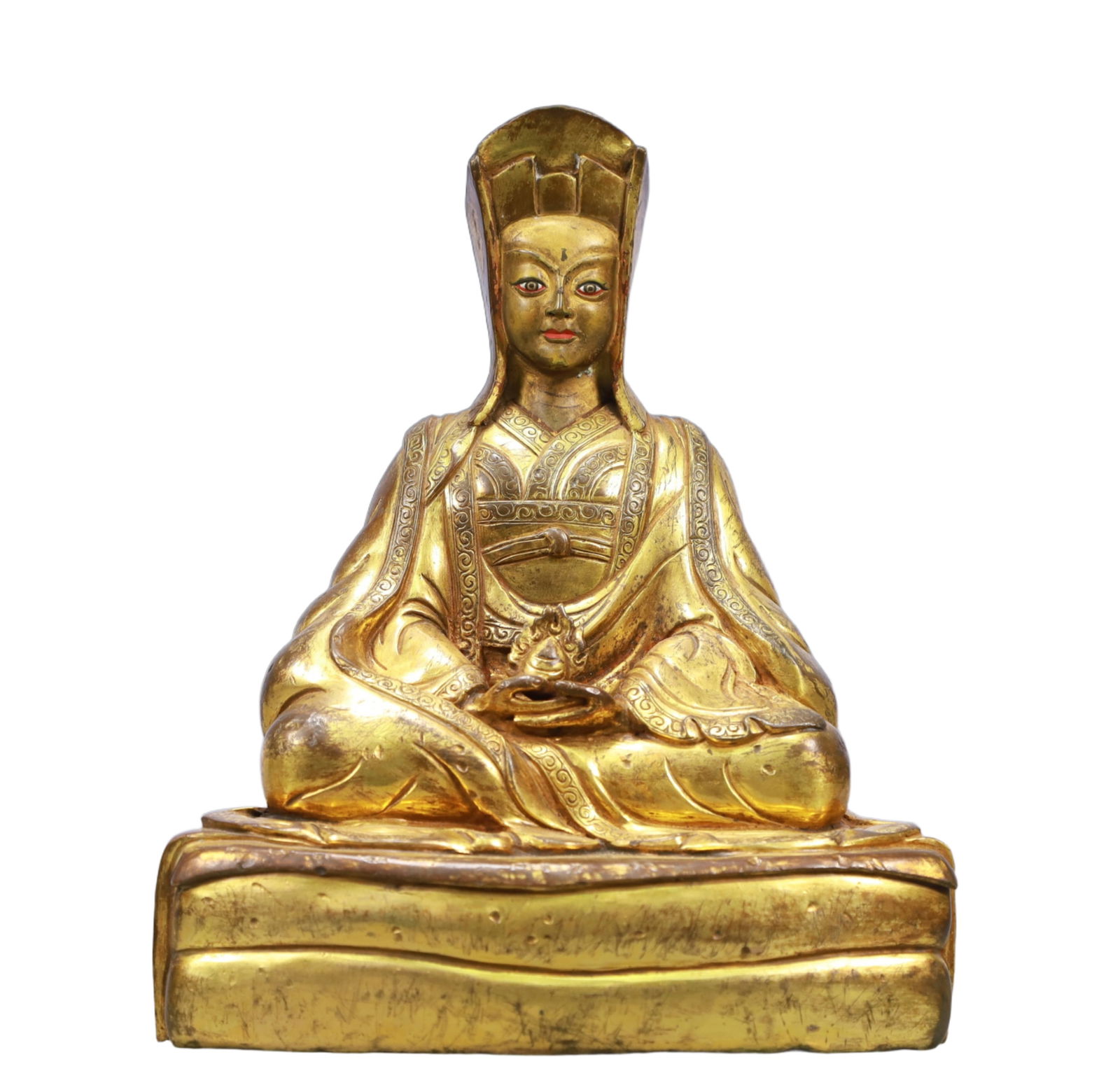 A Solemn Gilt Bronze Statue of Guru: A Solemn Gilt Bronze Statue of Guru,Ming Dynasty, China,Size:6.7inx4.3inx7.9in Weight:2050g 铜鎏金上师像,中国明代