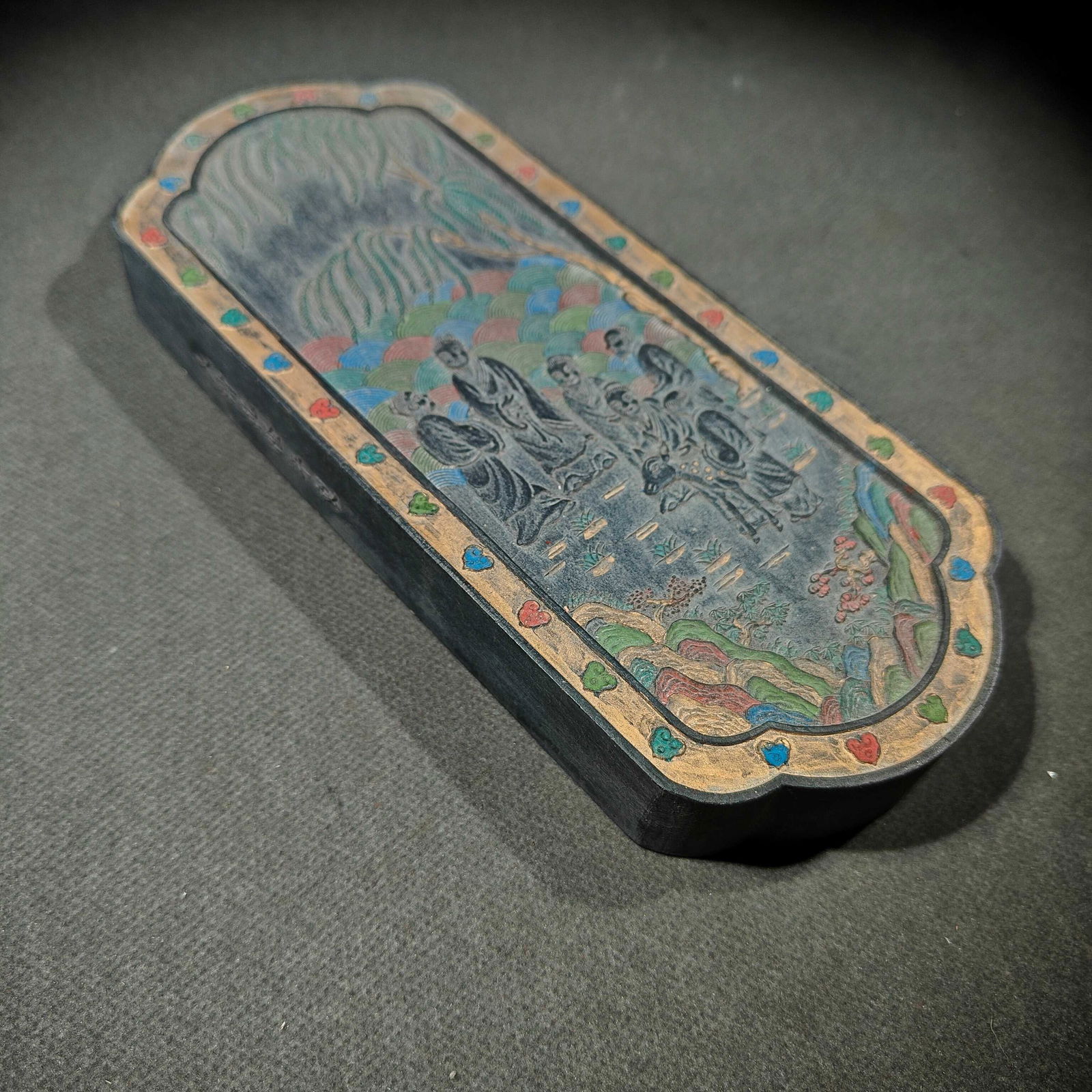 An Exquisite Gold-speckled Painted Color Character and Story Pattern Inkstone: An Exquisite Gold-speckled Painted Color Character and Story Pattern Inkstone,Qing Dynasty, China,Qianlong Six-character Mark,Size:8.3inx3.5inx1in,Weight:535g 洒金彩绘人&