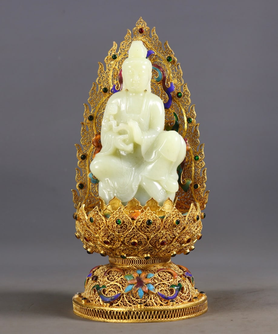 An Exquisite Flower silk gold-plated Inlaid White Jade Buddha Statue,Inlaid Gems (1 of 9)