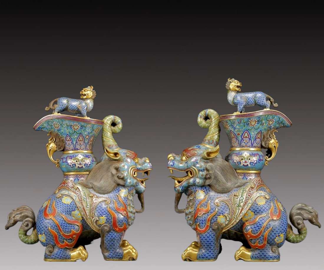 A Pair of Huge Cloisonne Unicorn Censers: A Pair of Huge Cloisonne Unicorn Censers,Qing Dynasty, China,Qianlong Six-character Mark,Size:21.7inx9.8inx25.6in,Weight:129.60kg 