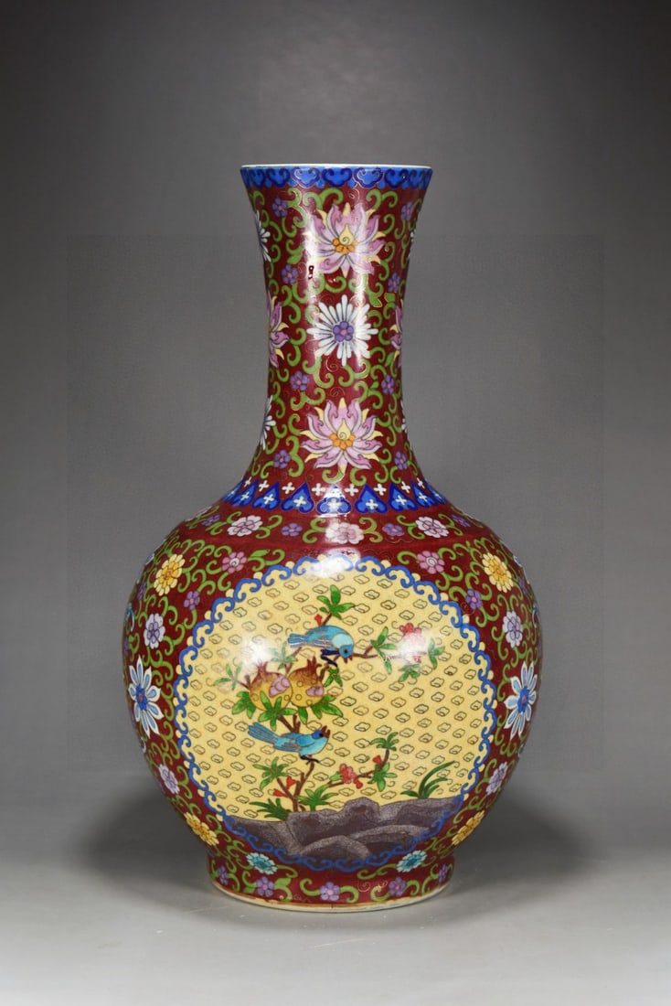 A Huge Enamel Red Ground Painted Gold Pomegranate,Flower and Bird Pattern Vase: A Huge Enamel Red Ground Painted Gold Pomegranate,Flower and Bird Pattern Vase,Qing Dynasty, China,Qianlong Six-character Mark,Size:18.9inx11in 珐琅彩红地描金