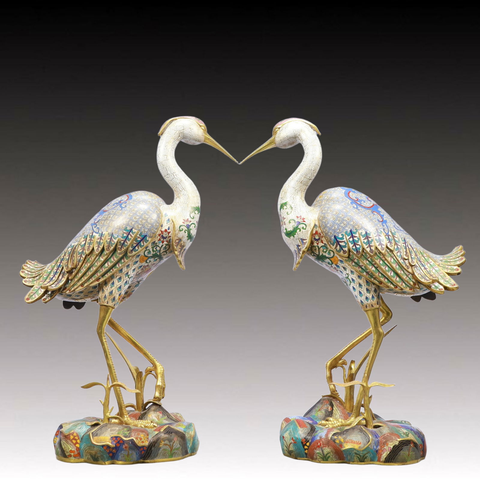 A Pair of Monumental Cloisonne Lotus Pattern Red-crested crane Ornaments (1 of 19)