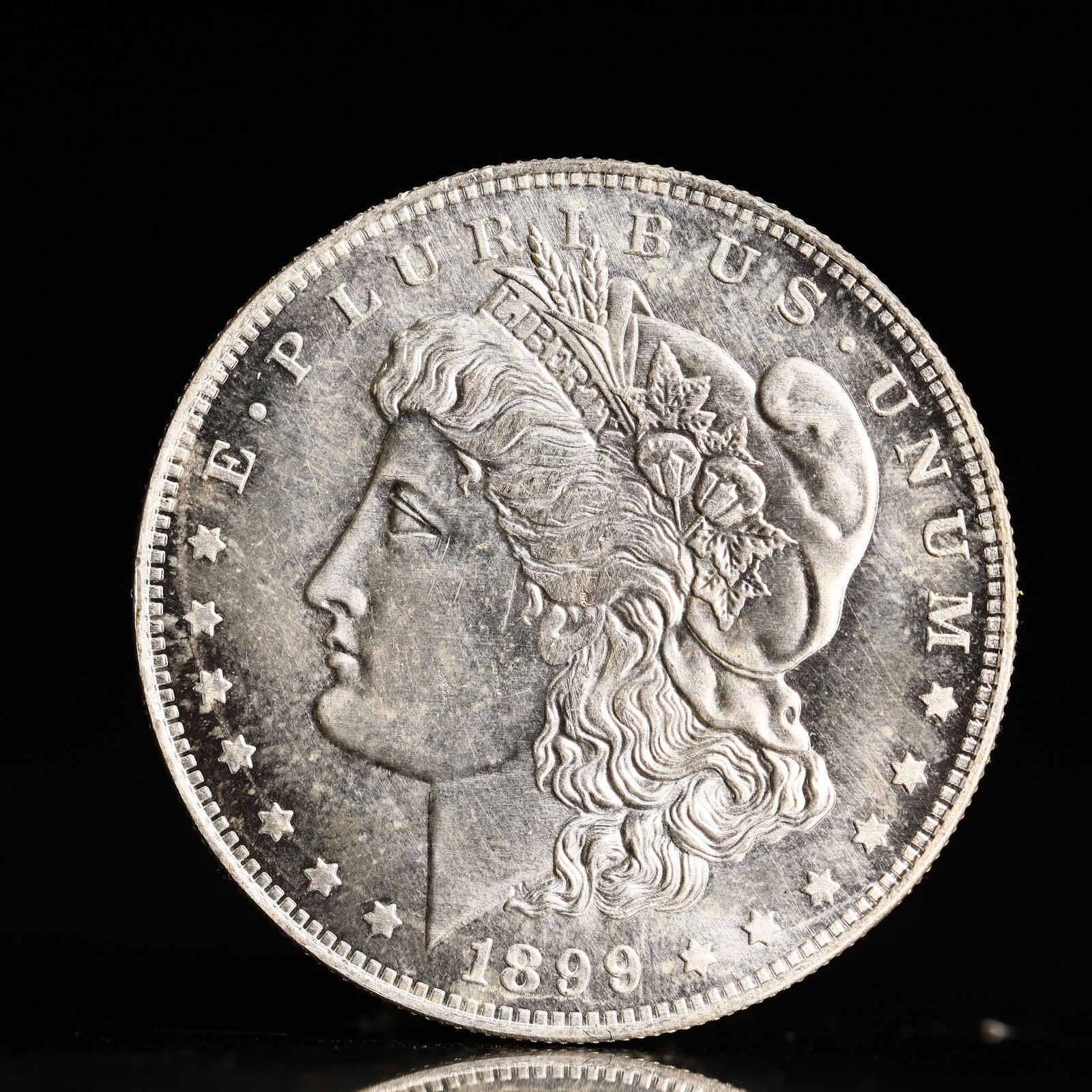 USA Morgan Dollar 1899 Coin: Obv: profile bust with date below and E PLURIBUS UNUM legend and stars around. Rev: eagle with In God we trust above within wreath with UNITED STATES OF AMERICA ONE DOLLAR legend. IN GOD WE TRUST / LI