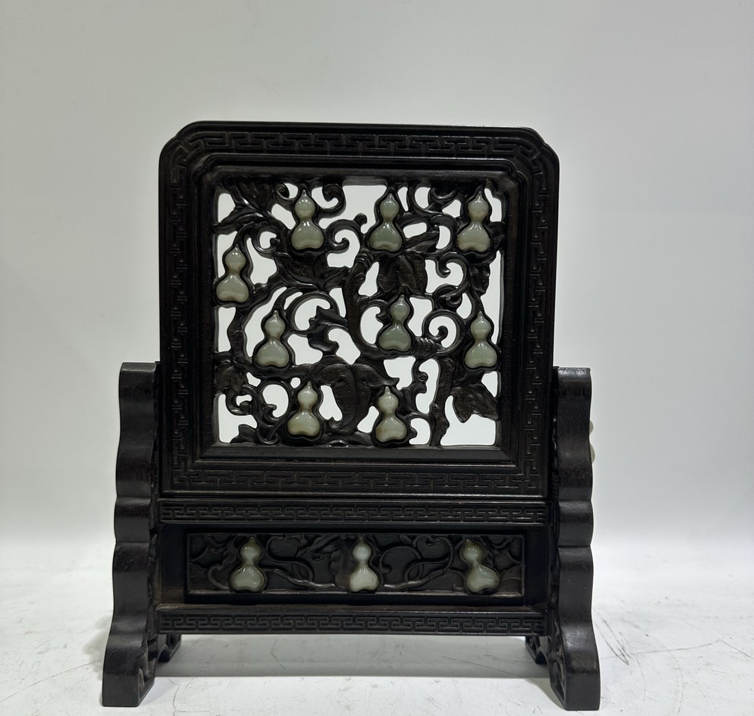An Exquisite Zitanwood Inlaid White Jade Screen (1 of 8)