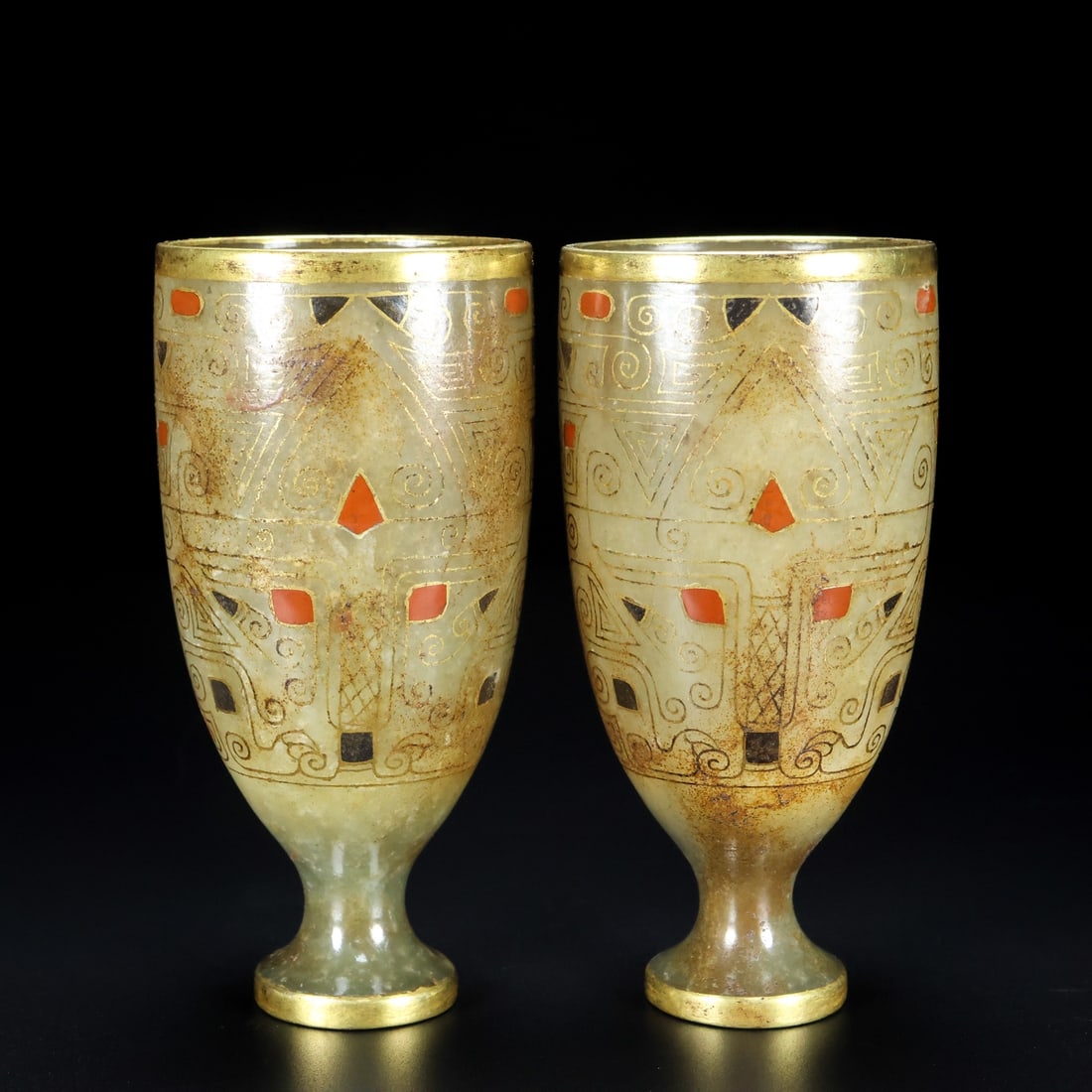 A Pair of Exquisite White Jade Inlaid Gold Beast-Face Pattern Cups: A Pair of Exquisite White Jade Inlaid Gold Beast-Face Pattern Cups,Qing Dynasty,China,Size:2.2inx2.2inx4.3in,Total Weight:265g 一对白玉错金兽面纹&