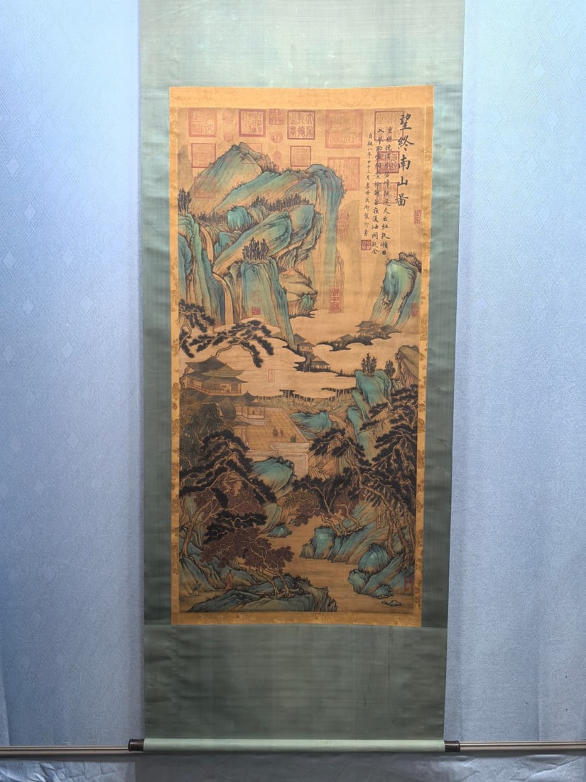 A Chinese Vertical Scroll Ink Painting of Landscape and Figure on Silk,Tang Taizong&Li Shimin: A Chinese Vertical Scroll Ink Painting of Landscape and Figure on Silk,Tang Taizong&Li Shimin,Size:28.2inx58.9in 一幅中国水墨绢本山水人