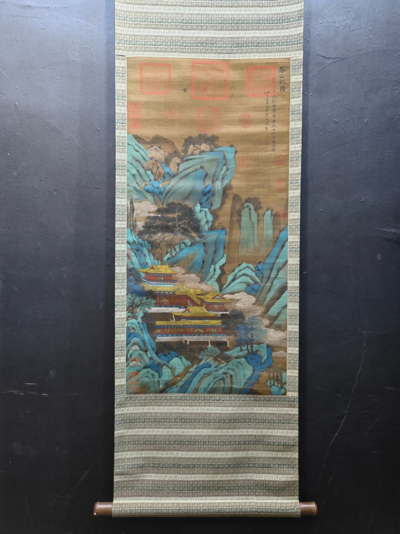 A Chinese Vertical Scroll Ink Painting of Landscape and Figure on Silk,Li Qingzhao: A Chinese Vertical Scroll Ink Painting of Landscape and Figure on Silk,Li Qingzhao,Size:17.6inx36.8in 一幅中国水墨绢本山水人物&#