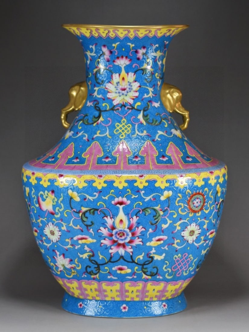 A Huge Enamel Blue Ground Painted Gold Lotus and Eight Treasures Pattern Elephant-Ears Vase: A Huge Enamel Blue Ground Painted Gold Lotus and Eight Treasures Pattern Elephant-Ears Vase,Qing Dynasty, China,Qianlong Four-character Mark,Size:16.5inx11.8in 珐琅彩蓝地