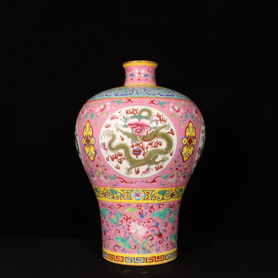 A Rare Pink Ground Enamel Painted Gold Flower and Dragon Pattern Vase: A Rare Pink Ground Enamel Painted Gold Flower and Dragon Pattern Vase,Qing Dynasty, China,Yongzheng Six-character Mark,Size:12.6inx8.7in 粉地珐琅彩描金花