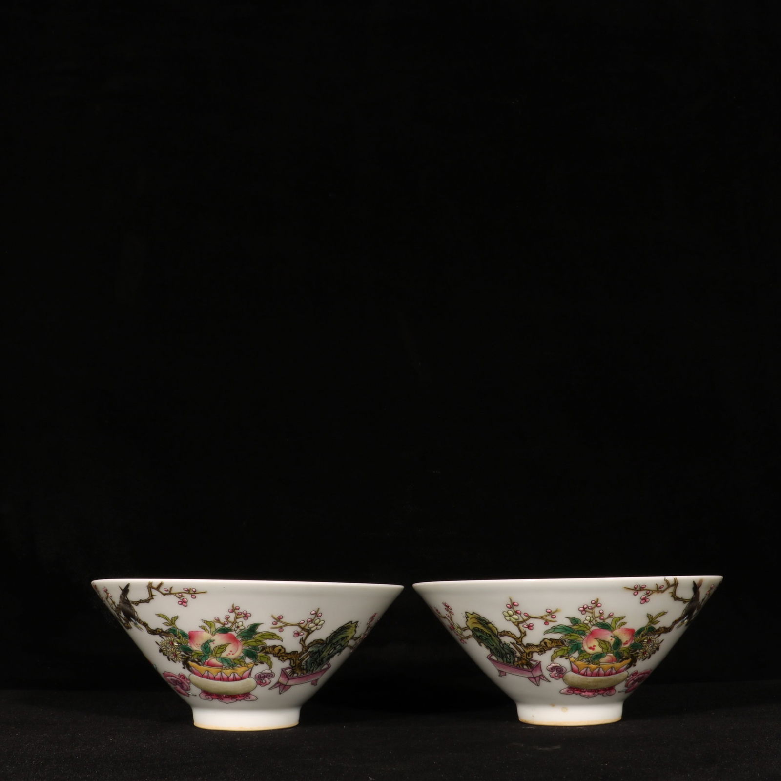 A Pair of Exquisite Enamel Flower and Fruit Pattern Bowls,With Poem: A Pair of Exquisite Enamel Flower and Fruit Pattern Bowls,With Poem,Qing Dynasty, China,Yongzheng Four-character Mark,Size:2.8inx5.9in 一对珐琅彩花果纹&