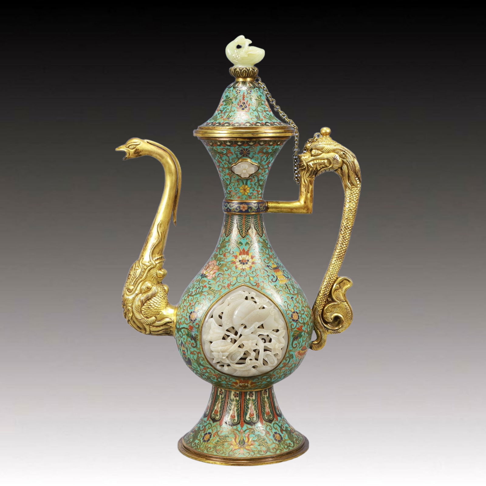 An Exquisite Cloisonne Inlaid White Jade Flower and Bird Pattern Beast-mouse Ewer (1 of 11)