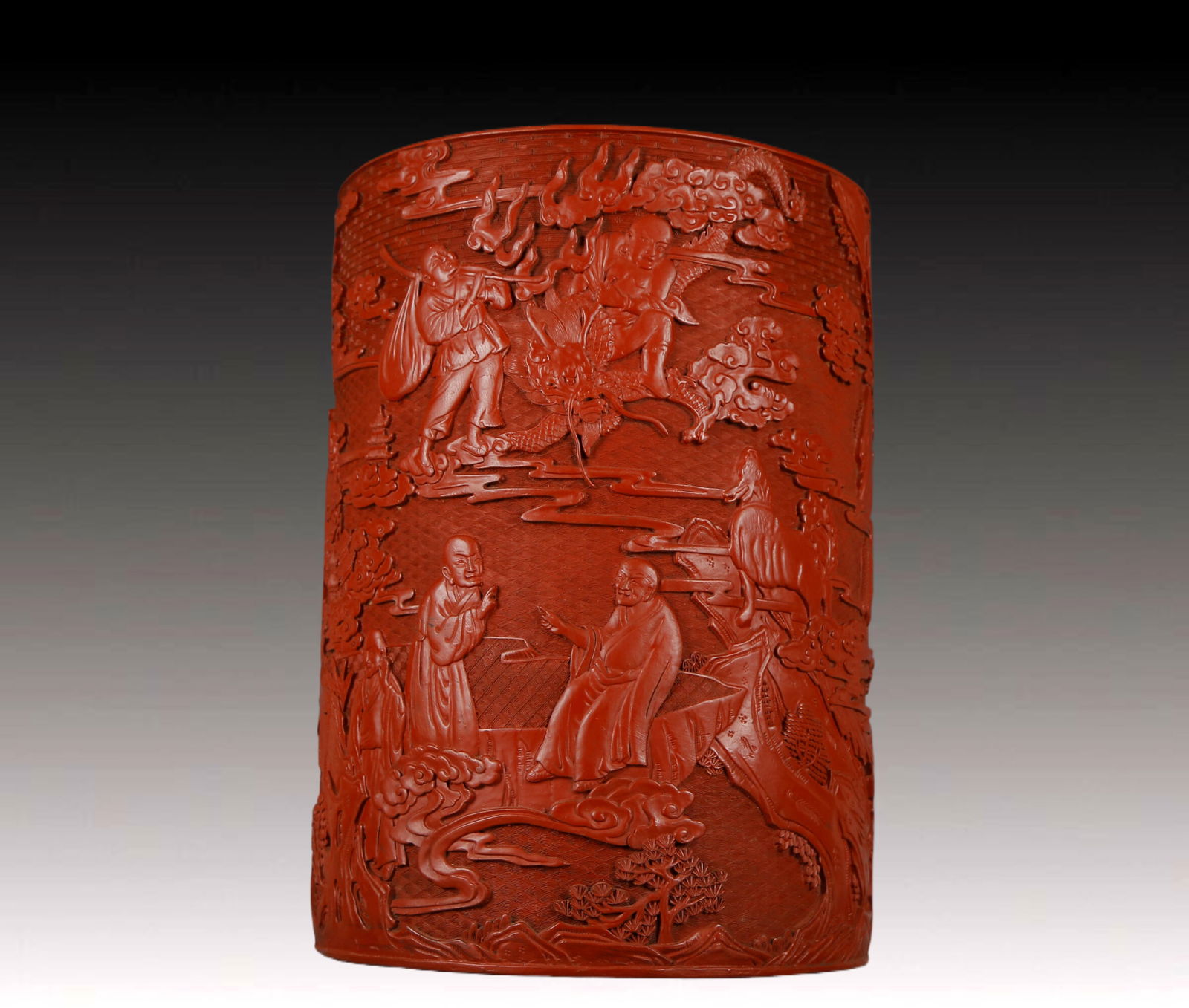 A Rare Carved Red Lacquer Character and Story Pattern Brush Pot: A Rare Carved Red Lacquer Character and Story Pattern Brush Pot,Qing Dynasty, China,Qianlong Six-character Mark,Size:10inx14in,Weight:3750g 剔红漆人物故事 