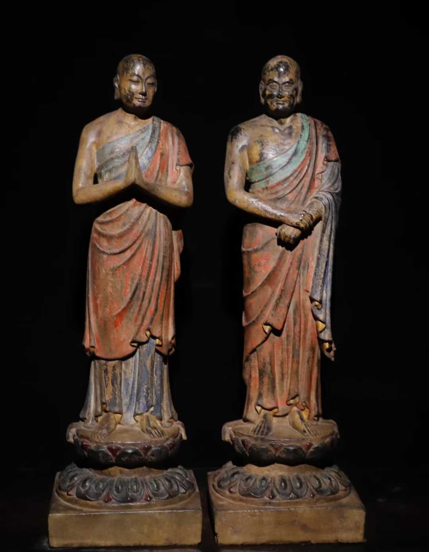 A Pair of Solemn Limestone Painted Color Ananda and Kasyapa Statue: A Pair of Solemn Limestone Painted Color Ananda and Kasyapa Statue,Tang Dynasty,China,Size:39.4inx11.8inx11.4in 