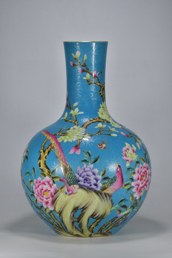 A Huge Blue Glazed Enamel Painted Gold Flower and Bird Pattern Vase (1 of 8)