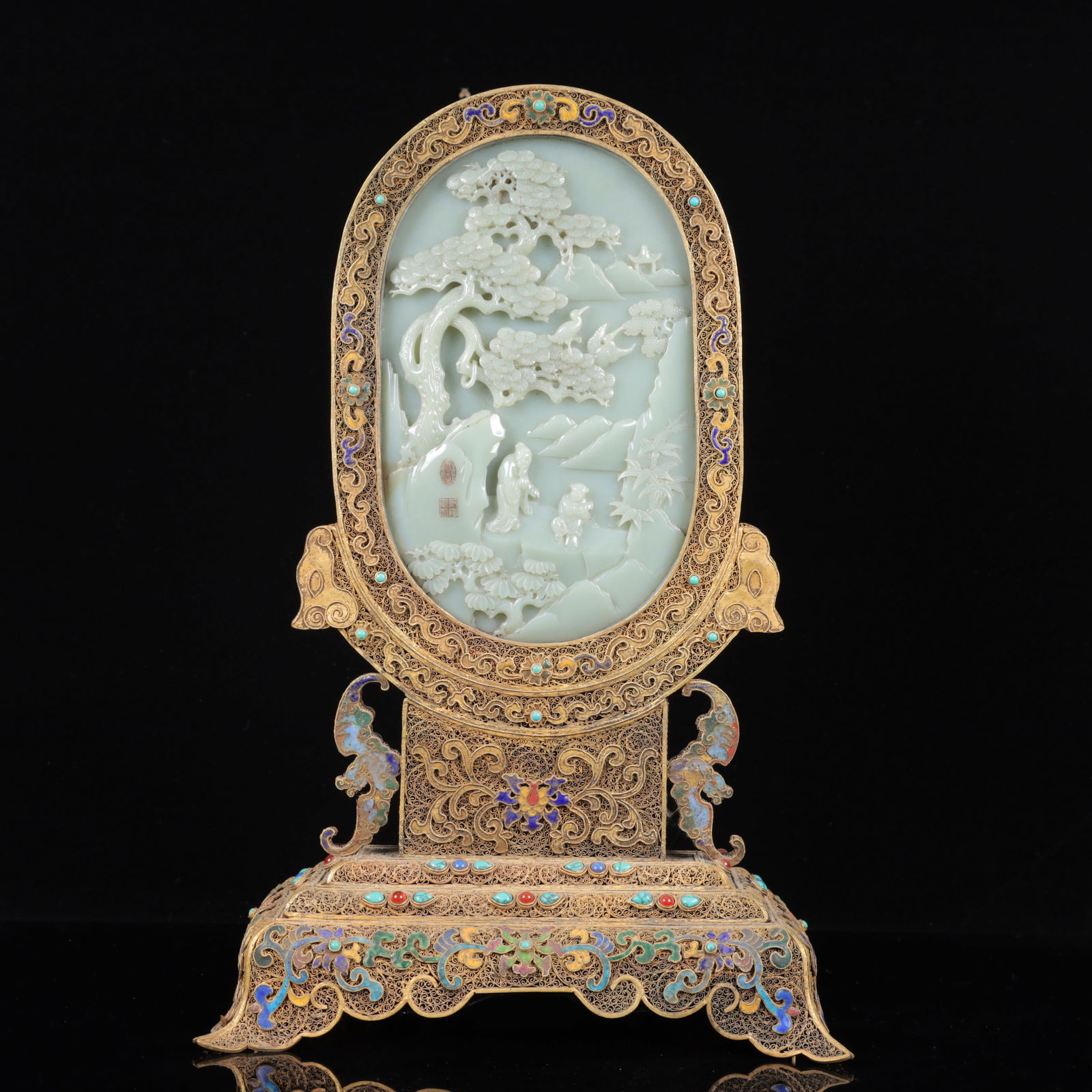 An Exquisite Gilt Bronze Inlaid White Jade Landscape and Figure Pattern Table Screen, Inlaid Gems (1 of 15)