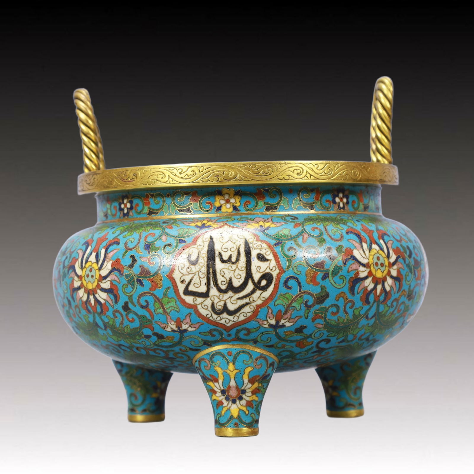 An Exquisite Cloisonne Lotus Pattern Double-Ears and Tripod Censer,With Scriptures: An Exquisite Cloisonne Lotus Pattern Double-Ears and Tripod Censer,With Scriptures,Qing Dynasty, China,Qianlong Four-character Mark,Size:8.3inx7.5in,Weight:2200g 景泰蓝缠ੜ