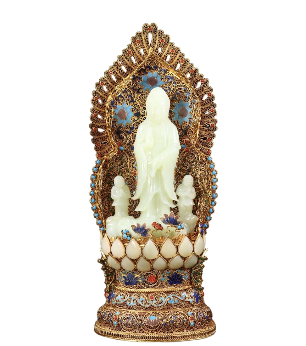 A Huge Filigree and Gilding Inlaid White Jade Statue of Avalokitesvara,Inlaid Gems and Turquoise: A Huge Filigree and Gilding Inlaid White Jade Statue of Avalokitesvara,Inlaid Gems and Turquoise,Qing Dynasty,China,Qianlong Four-character Mark,Size:15.7inx6.3inx3.9in,Weight:1913g 花丝&#