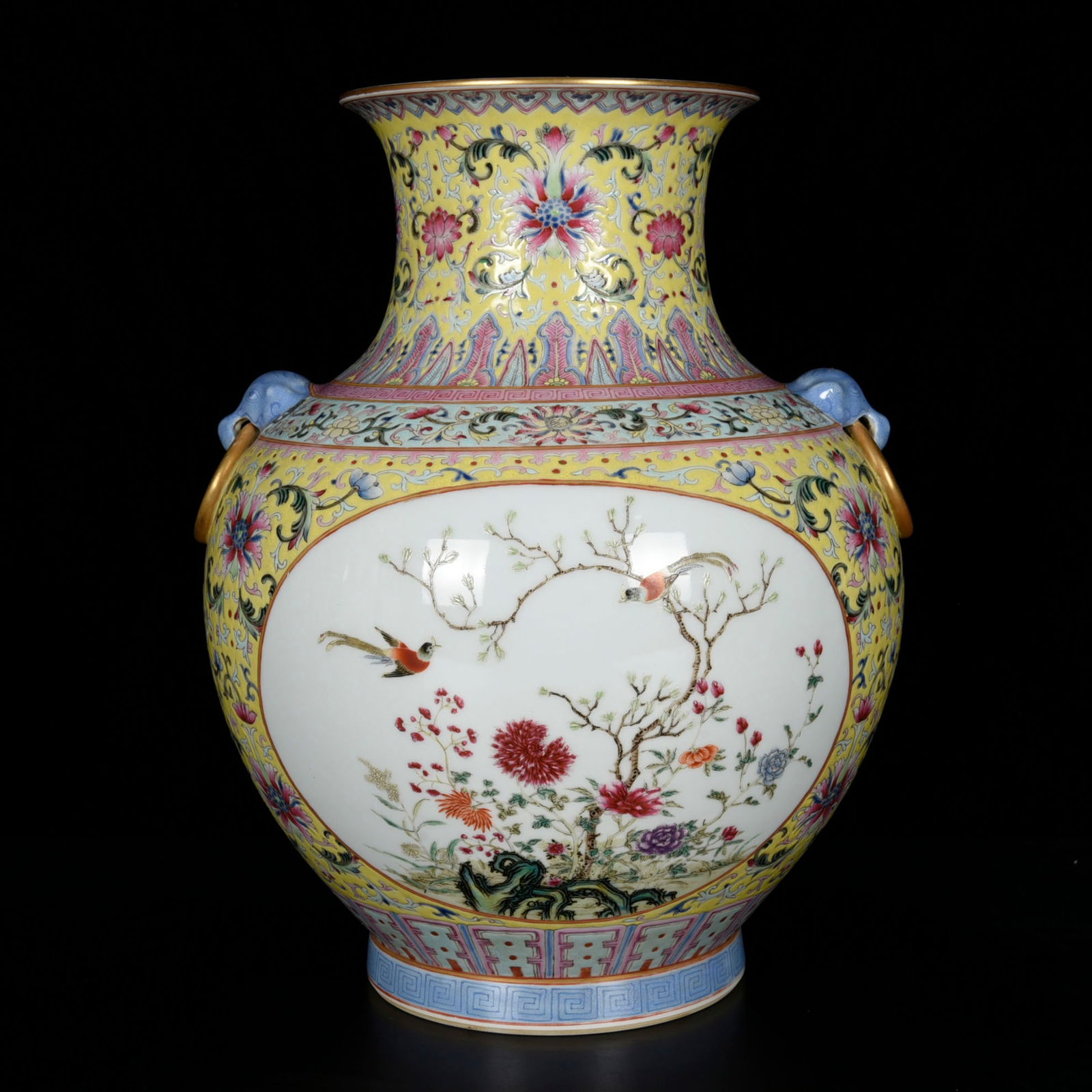 An Exquisite Yellow Ground Enamel Painted Gold Flower and Bird Pattern Beast-Ears Vase: An Exquisite Yellow Ground Enamel Painted Gold Flower and Bird Pattern Beast-Ears Vase,Qing Dynasty, China,Qianlong Six-character Mark,Size:10.6inx8.7in 黄地珐琅彩描