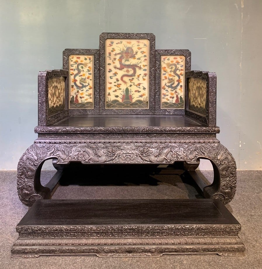 A Set of Huge Zitanwood Inlaid White Jade Auspicious Cloud and Dragon Pattern Thrones (1 of 9)