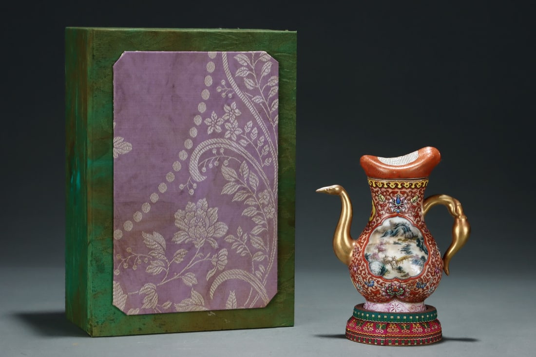 An Exquisite Enamel Painted Gold Lotus and Landscape Pattern Ewer: An Exquisite Enamel Painted Gold Lotus and Landscape Pattern Ewer,Qing Dynasty, China,Qianlong Four-character Mark,Size:6.5inx6.1in 珐琅彩描金缠枝莲