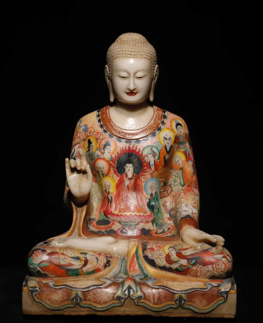 A Solemn Marble Painted Color Statue of Sakyamuni: A Solemn Marble Painted Color Statue of Sakyamuni,N.Qi,China,Size:26.8inx19.7inx15in 汉白玉彩绘释迦摩尼像,中国北齐&#