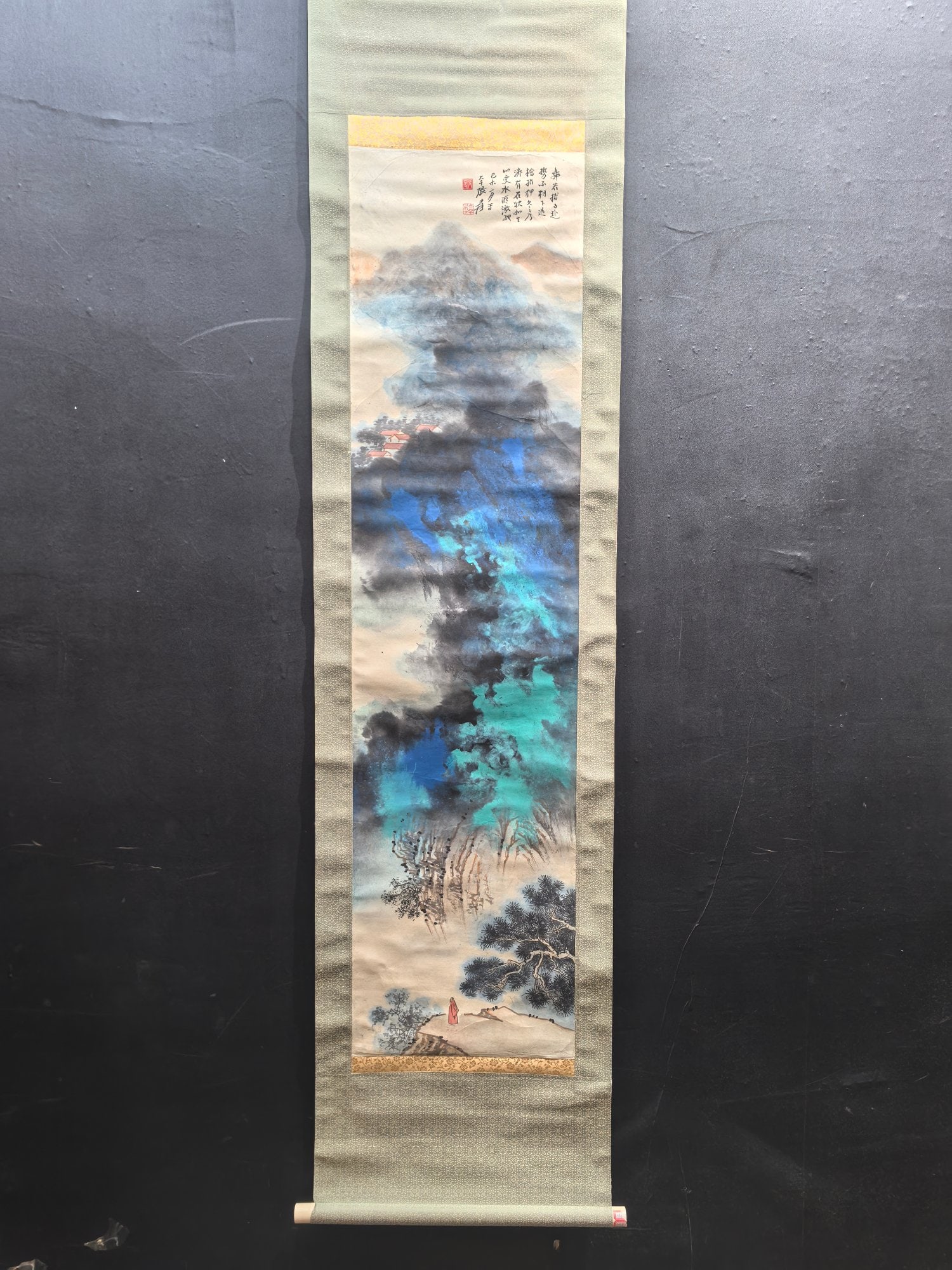 A Chinese Vertical Scroll Ink Painting of Landscape and Figure on Paper,Zhang Daqian: A Chinese Vertical Scroll Ink Painting of Landscape and Figure on Paper,Zhang Daqian,Size:13.5inx53.3in 一幅中国水墨山水人物画立