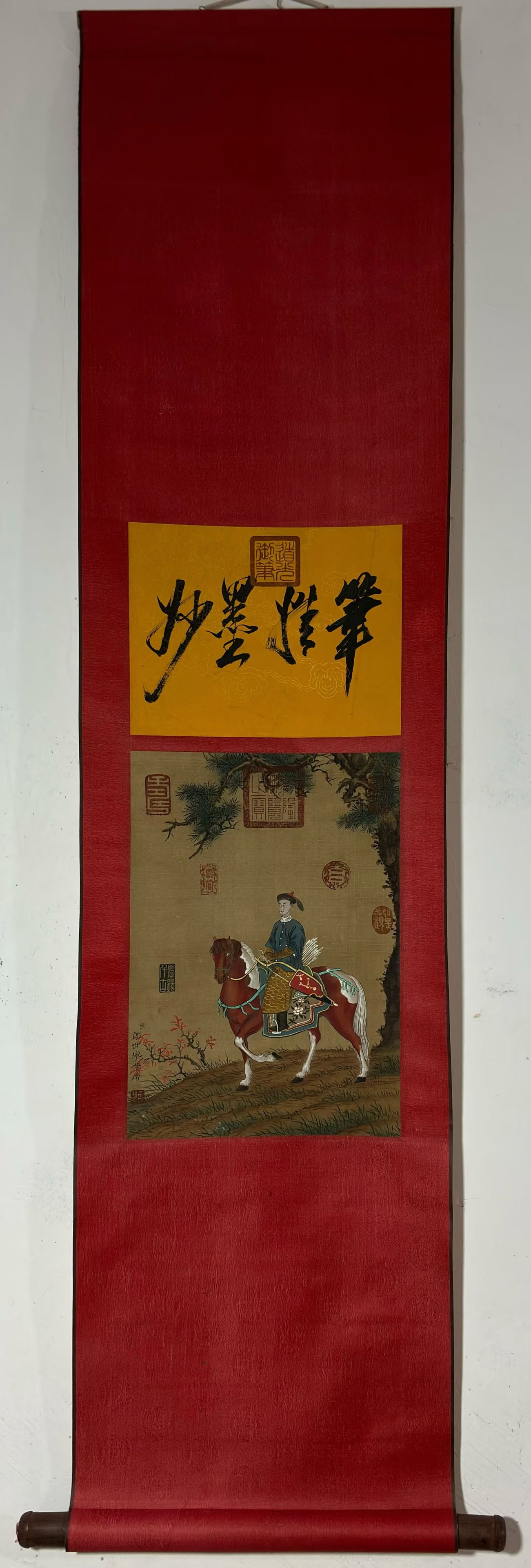 A Chinese Vertical Scroll Ink Painting of Figure Riding Horse on Silk,Lang Shining: A Chinese Vertical Scroll Ink Painting of Figure Riding Horse on Silk,Lang Shining,Size:(Without frame)15.9inx11.2in 一幅中国水墨绢本人物