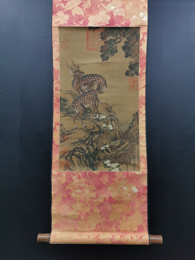A Chinese Vertical Scroll Ink Painting of Sika Deer on Silk,Lang Shining: A Chinese Vertical Scroll Ink Painting of Sika Deer on Silk,Lang Shining,Size:22inx12.4in 一幅中国水墨绢本梅花鹿图立๘