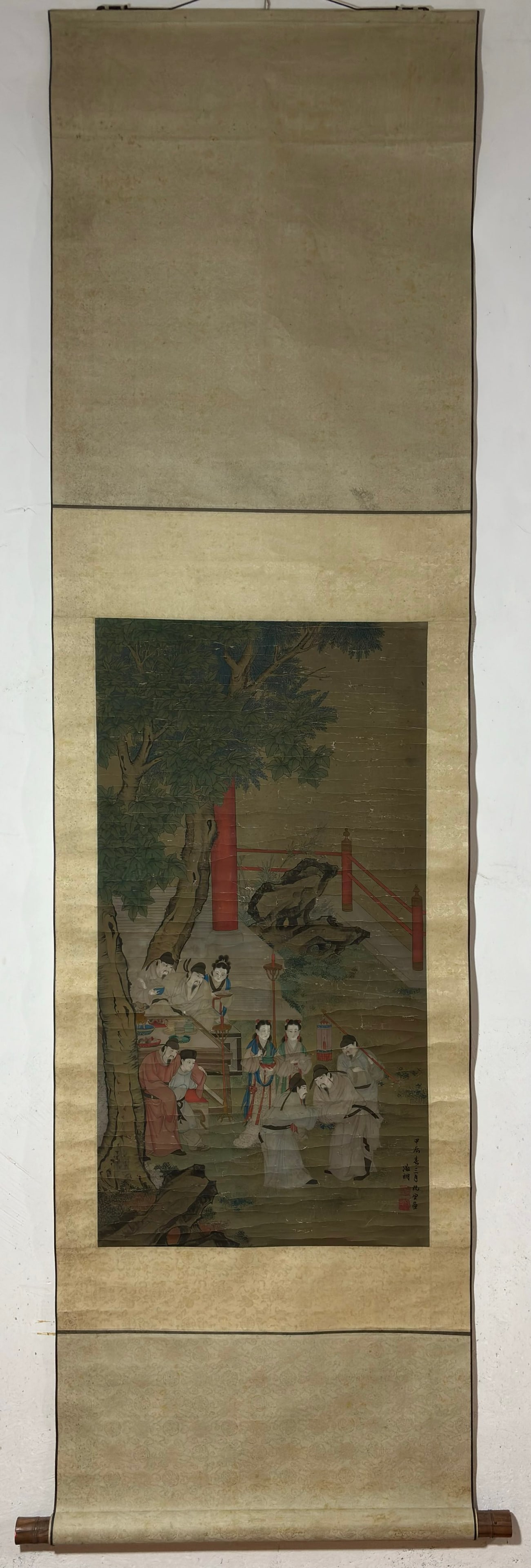 A Chinese Vertical Scroll Ink Painting of Character and Story on Silk,Wen Zhengming: A Chinese Vertical Scroll Ink Painting of Character and Story on Silk,Wen Zhengming,Size:(Without frame)35inx18.3in 一幅中国水墨绢本人物
