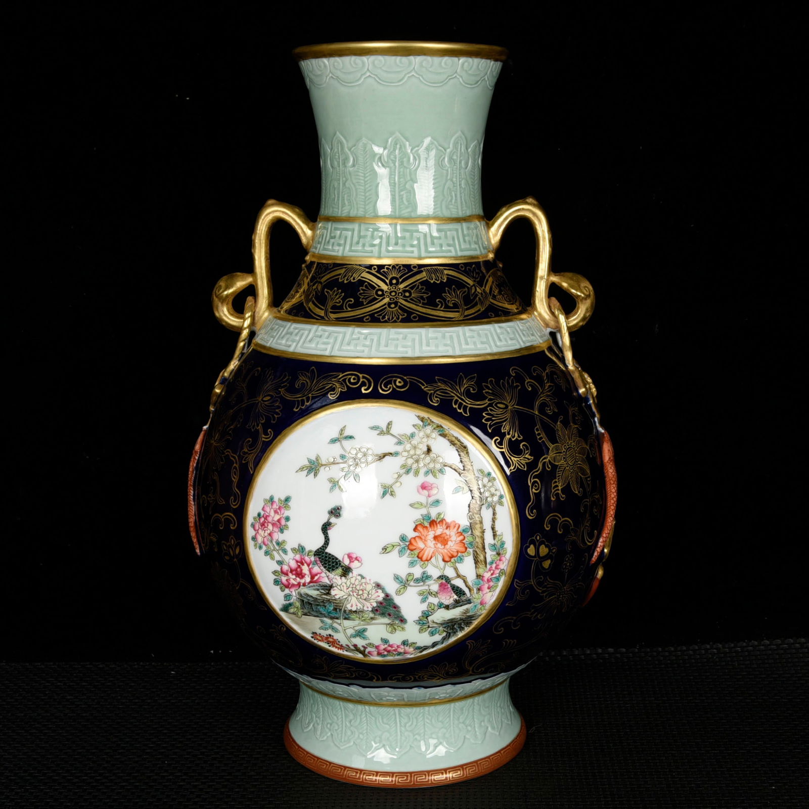 A Huge Celadon Glazed Ji Blue Glazed Enamel Painted Gold Flower and Bird Pattern Ruyi-Ears Vase: A Huge Celadon Glazed Ji Blue Glazed Enamel Painted Gold Flower and Bird Pattern Ruyi-Ears Vase,Qing Dynasty, China,Yongzheng Four-character Mark,Size:16.5inx9.8in 青釉霁蓝%