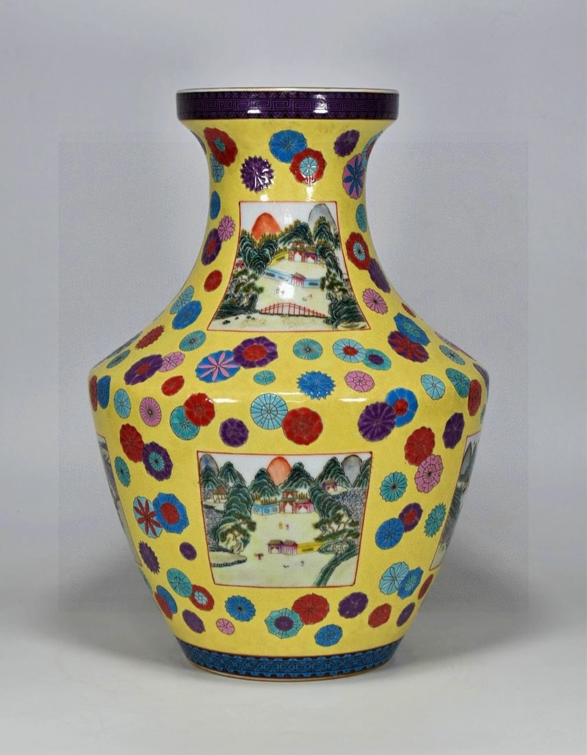 A Rare Famille-Rose Yellow Ground Painted Gold Flower,Landscape and Figure Pattern Vase: A Rare Famille-Rose Yellow Ground Painted Gold Flower,Landscape and Figure Pattern Vase,Qing Dynasty, China,Qianlong Six-character Mark,Size:15inx10.6in 粉彩黄地描金